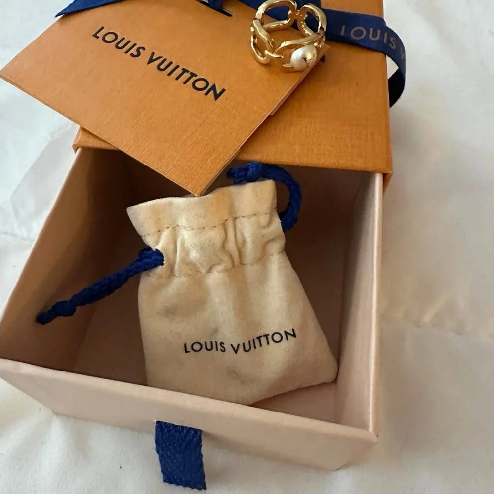 Louis Vuitton Gold Monogram Ring with Pearl Accent
